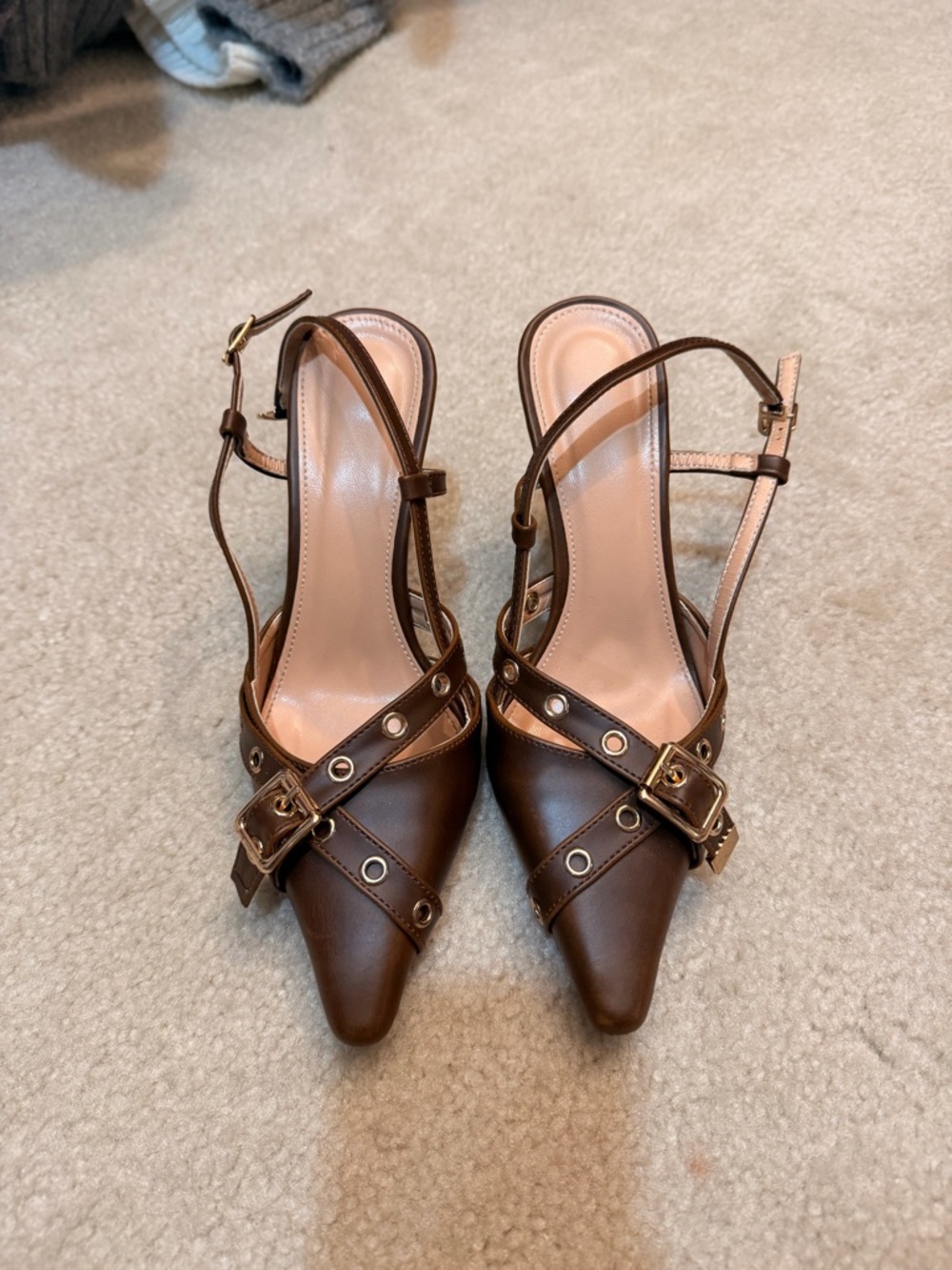 Women's Brown Leather Pointed Slingback Heels with Buckle Detail